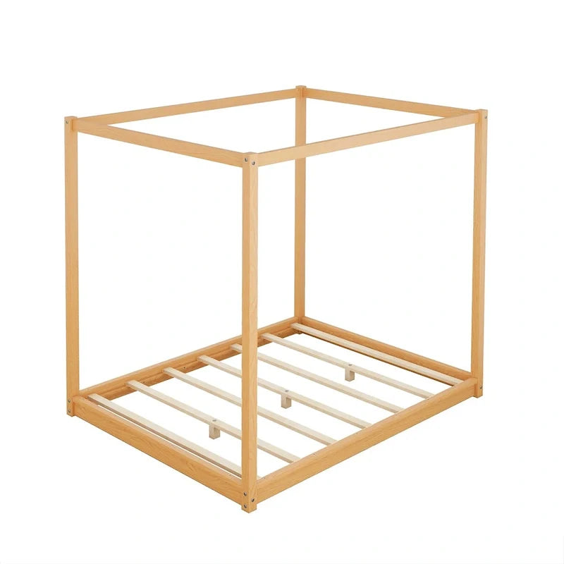Lit plateforme bas à baldaquin en pin et MDF – Grand lit/Très grand lit