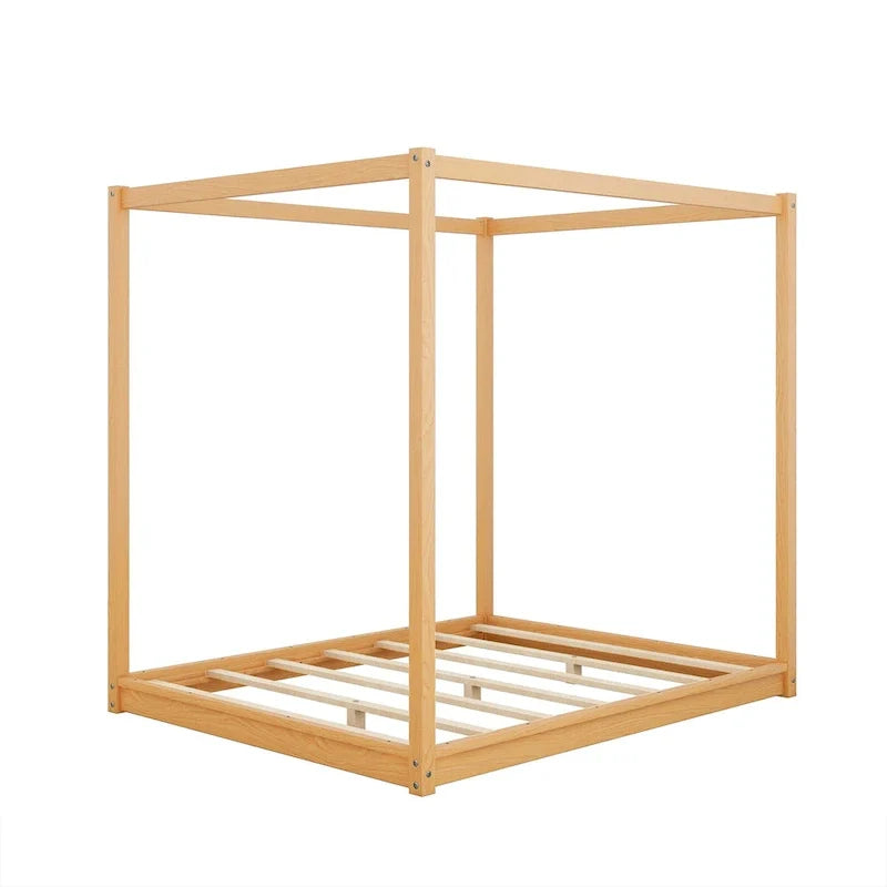 Lit plateforme bas à baldaquin en pin et MDF – Grand lit/Très grand lit