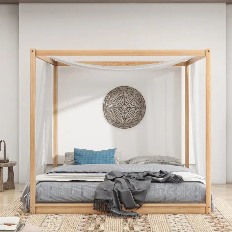 Lit plateforme bas à baldaquin en pin et MDF – Grand lit/Très grand lit