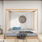 Lit plateforme bas à baldaquin en pin et MDF – Grand lit/Très grand lit