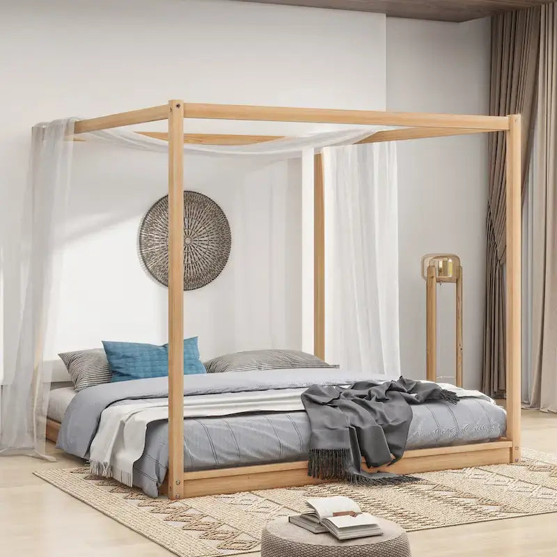 Lit plateforme bas à baldaquin en pin et MDF – Grand lit/Très grand lit