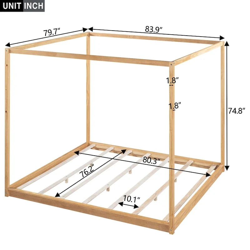 Lit plateforme bas à baldaquin en pin et MDF – Grand lit/Très grand lit