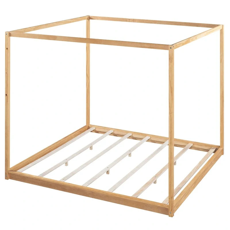 Lit plateforme bas à baldaquin en pin et MDF – Grand lit/Très grand lit