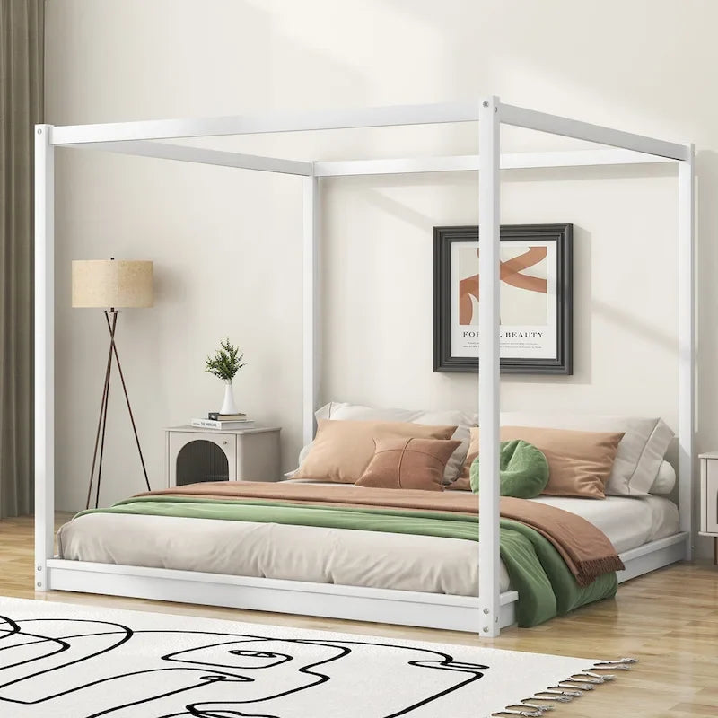 Lit plateforme bas à baldaquin en pin et MDF – Grand lit/Très grand lit
