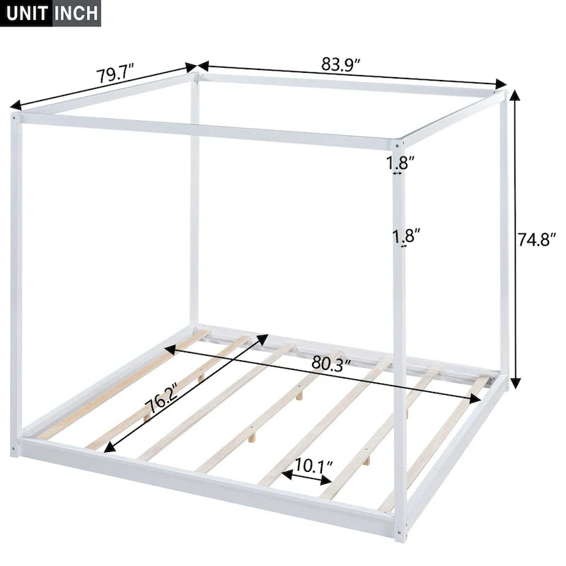 Lit plateforme bas à baldaquin en pin et MDF – Grand lit/Très grand lit
