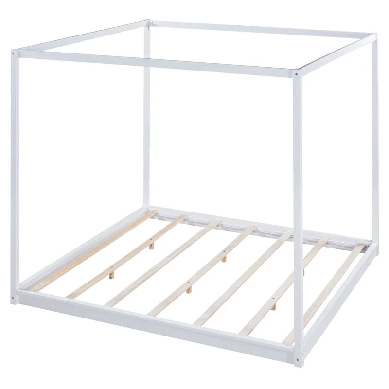 Lit plateforme bas à baldaquin en pin et MDF – Grand lit/Très grand lit