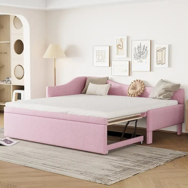 Lit de repos capitonné en L pour lit double avec lit gigogne escamotable – Rose
