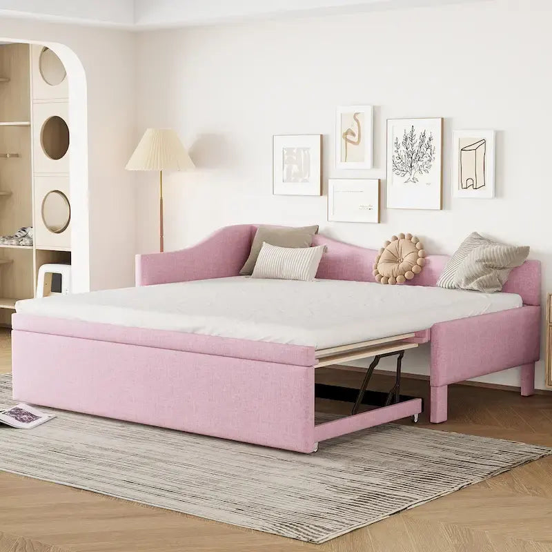 Lit de repos capitonné en L pour lit double avec lit gigogne escamotable – Rose