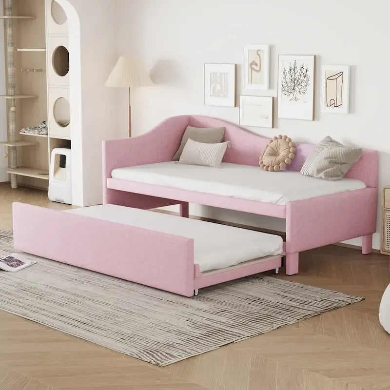 Lit de repos capitonné en L pour lit double avec lit gigogne escamotable – Rose