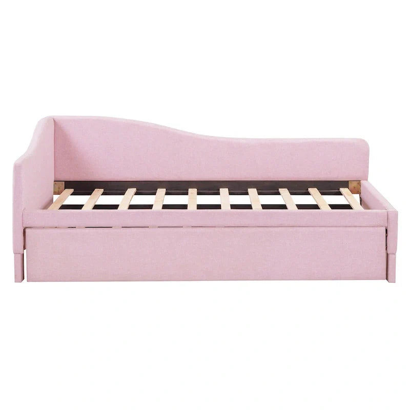 Lit de repos capitonné en L pour lit double avec lit gigogne escamotable – Rose