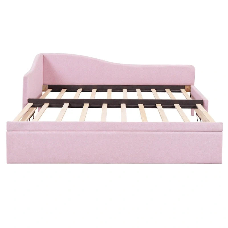 Lit de repos capitonné en L pour lit double avec lit gigogne escamotable – Rose