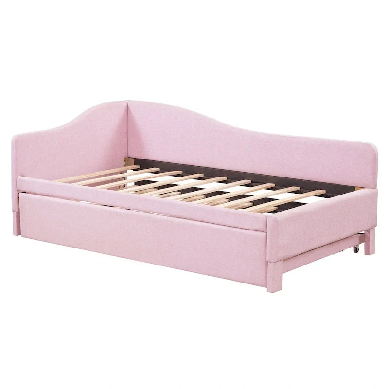 Lit de repos capitonné en L pour lit double avec lit gigogne escamotable – Rose