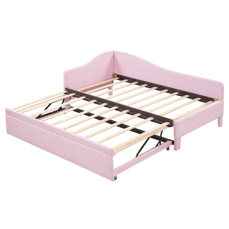 Lit de repos capitonné en L pour lit double avec lit gigogne escamotable – Rose