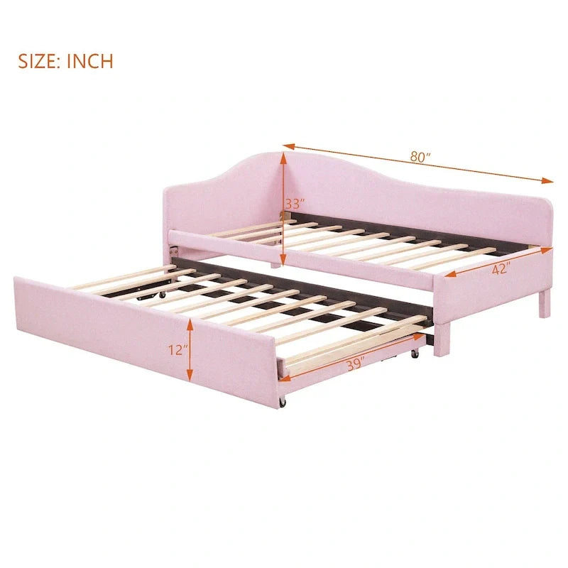 Lit de repos capitonné en L pour lit double avec lit gigogne escamotable – Rose