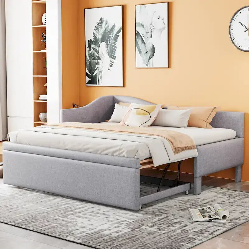 Lit de repos capitonné en L pour lit double avec lit gigogne escamotable – Rose