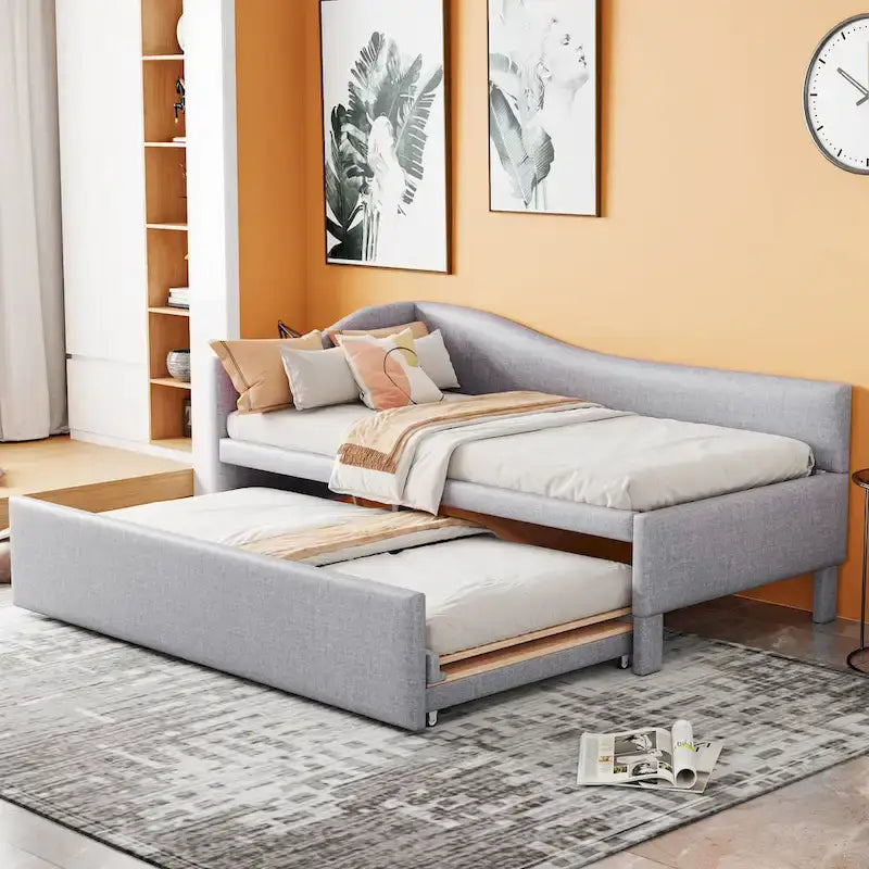 Lit de repos capitonné en L pour lit double avec lit gigogne escamotable – Rose