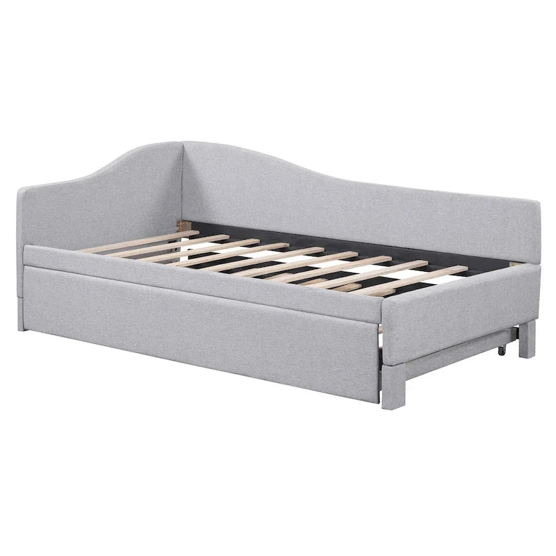 Lit de repos capitonné en L pour lit double avec lit gigogne escamotable – Rose