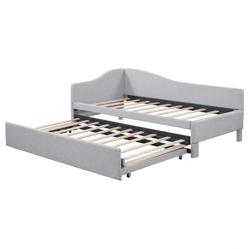 Lit de repos capitonné en L pour lit double avec lit gigogne escamotable – Rose