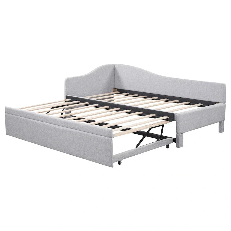 Lit de repos capitonné en L pour lit double avec lit gigogne escamotable – Rose