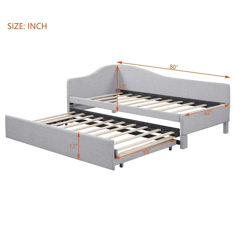 Lit de repos capitonné en L pour lit double avec lit gigogne escamotable – Rose