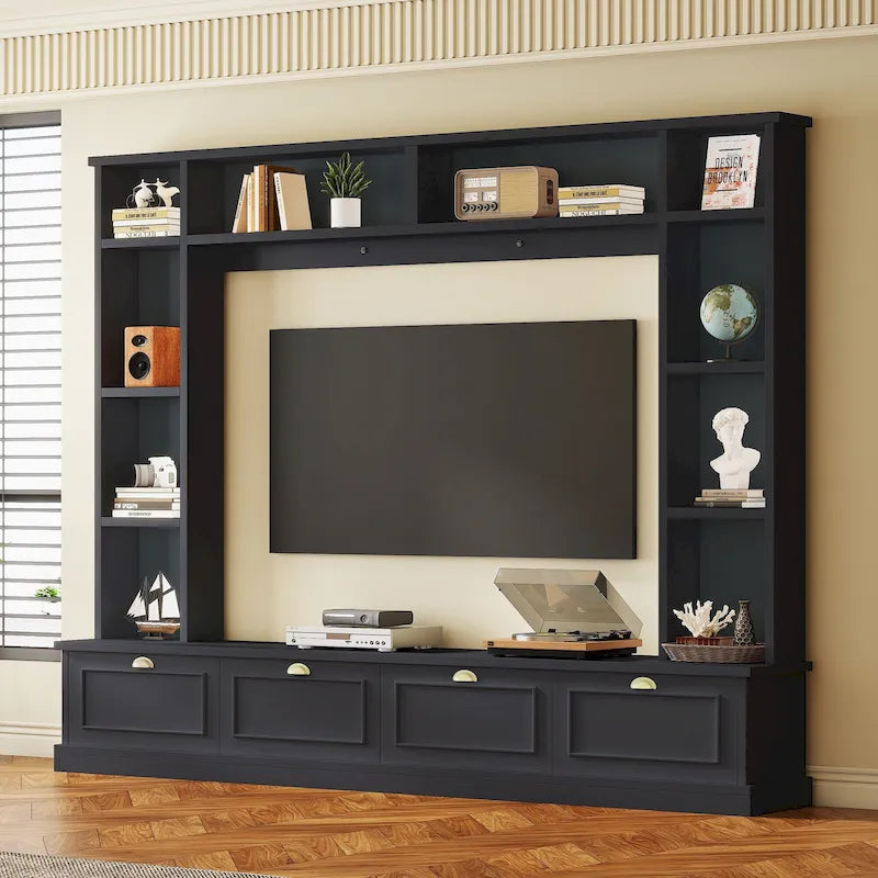 104.2 Meuble mural avec support TV, étagères et armoires – Noir