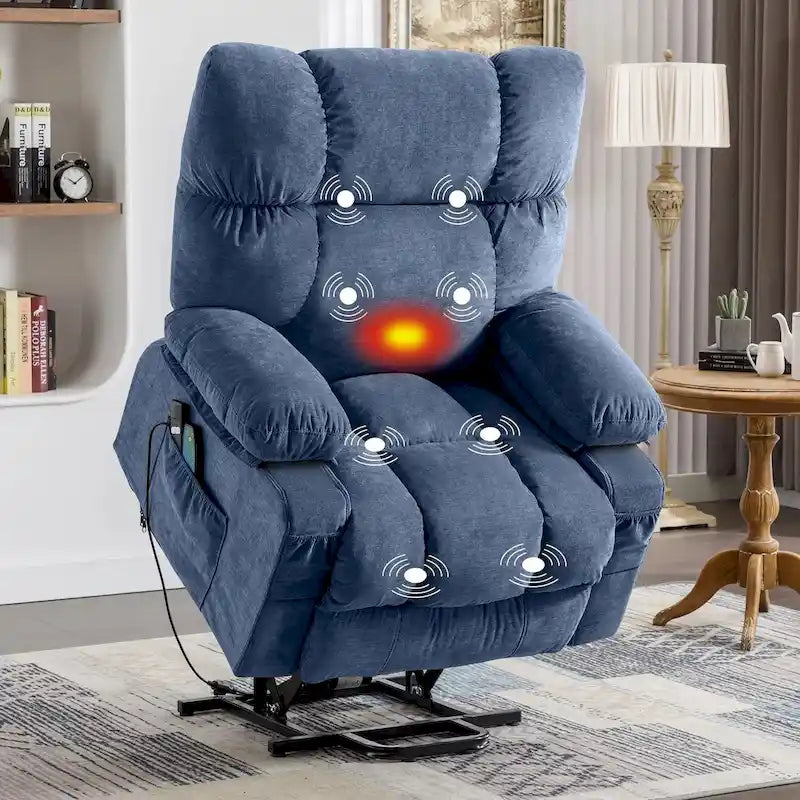 Fauteuil inclinable releveur avec chaleur, massage et chargement USB – Bleu