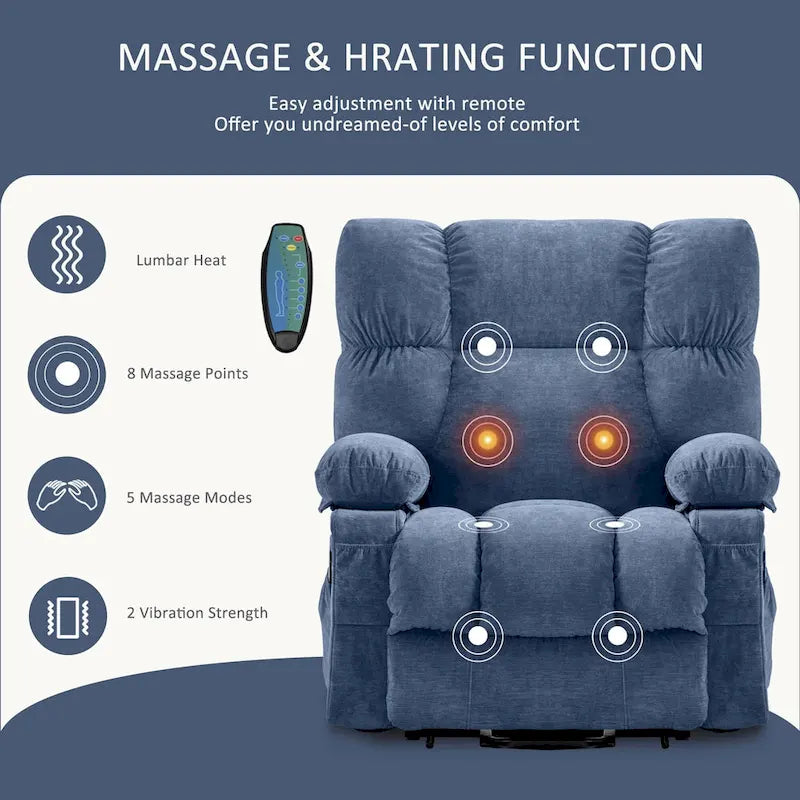 Fauteuil inclinable releveur avec chaleur, massage et chargement USB – Bleu
