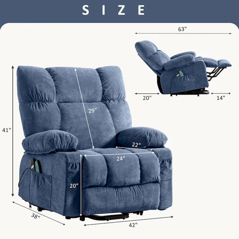 Fauteuil inclinable releveur avec chaleur, massage et chargement USB – Bleu
