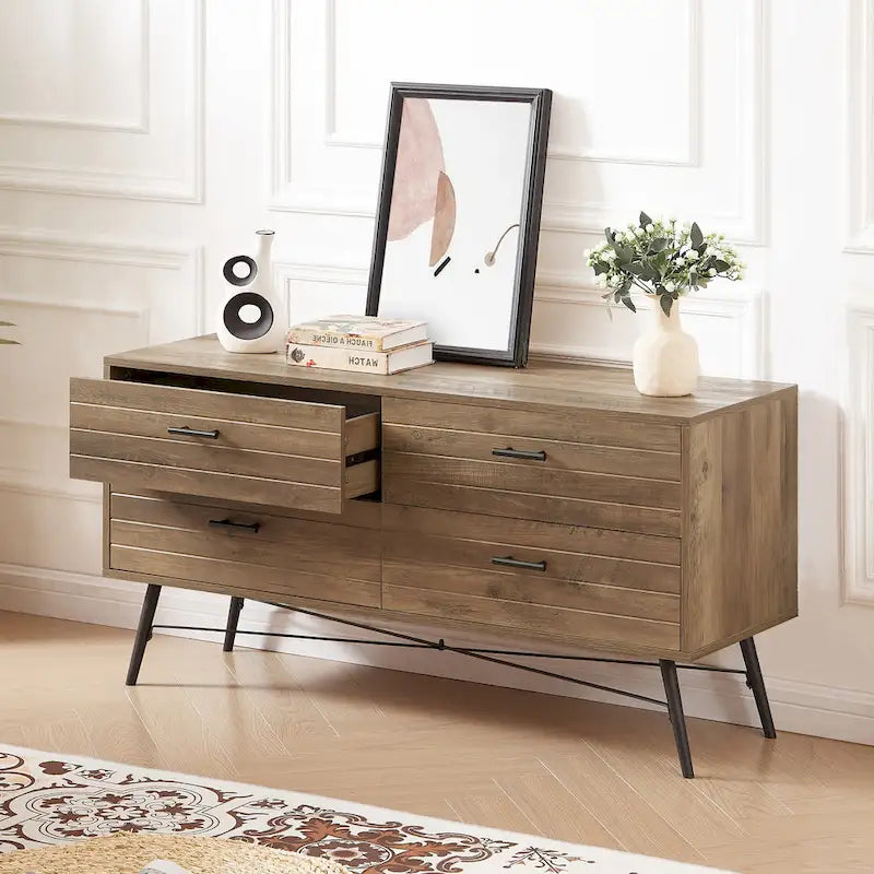 Commode horizontale à 4 tiroirs au fini noyer rustique