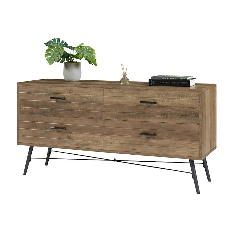 Commode horizontale à 4 tiroirs au fini noyer rustique