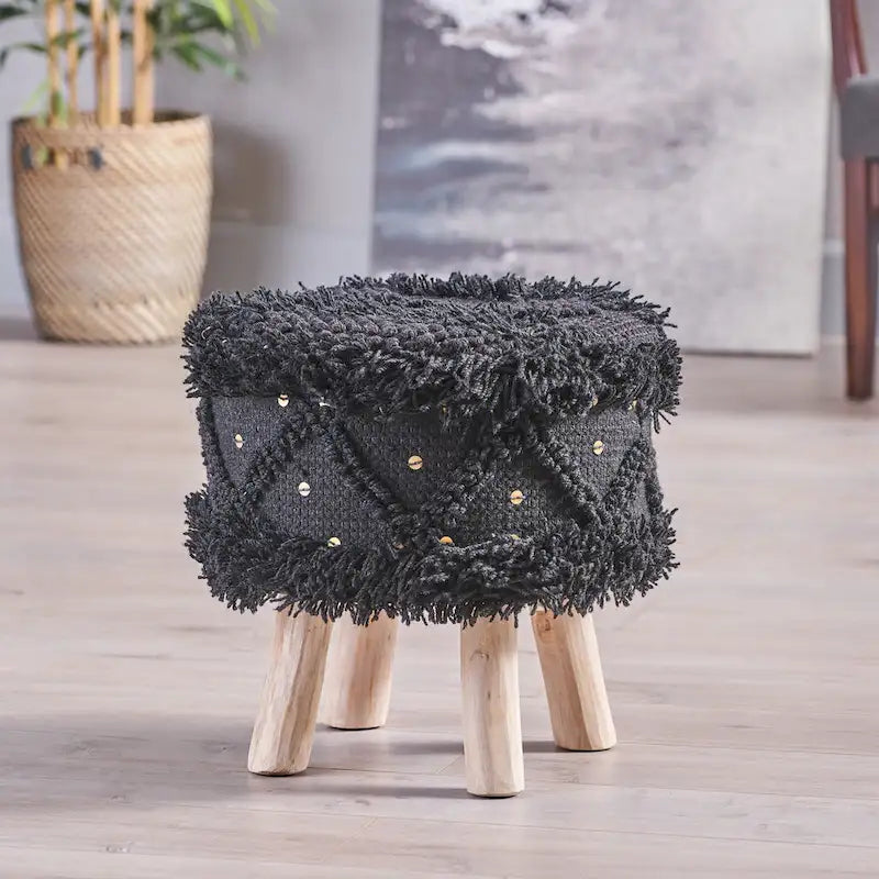 Tabouret en tissu Bohème avec base en bois d'eucalyptus