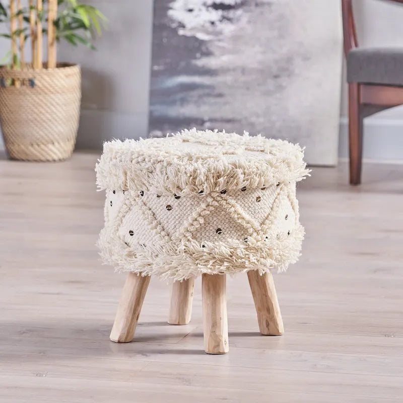 Tabouret en tissu Bohème avec base en bois d'eucalyptus