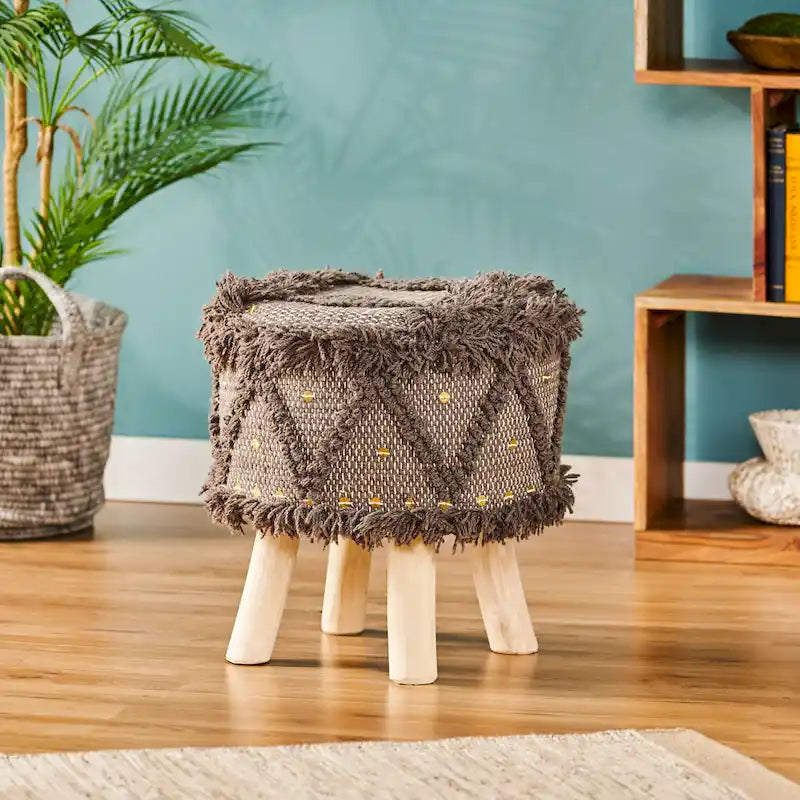 Tabouret en tissu Bohème avec base en bois d'eucalyptus