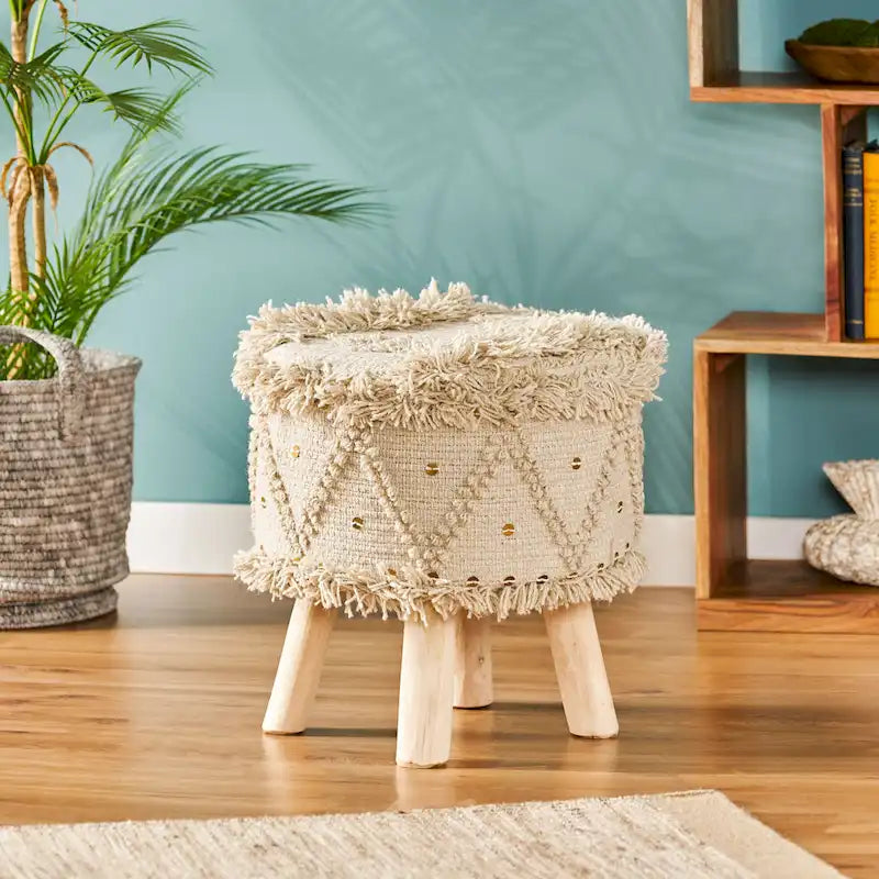 Tabouret en tissu Bohème avec base en bois d'eucalyptus