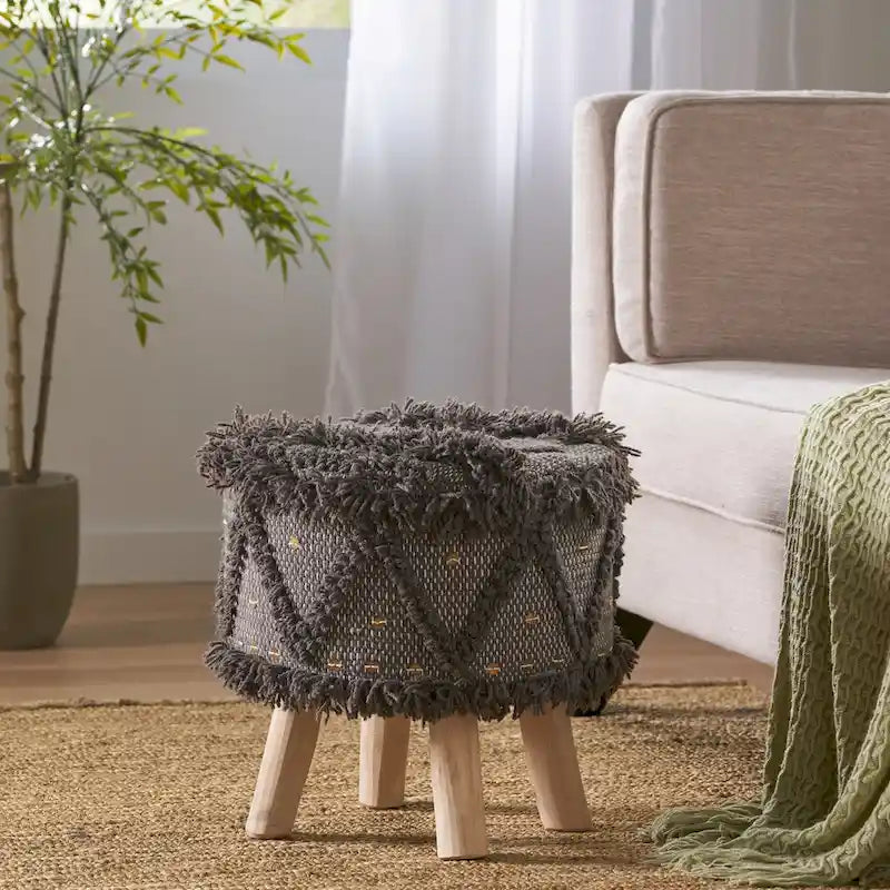 Tabouret en tissu Bohème avec base en bois d'eucalyptus