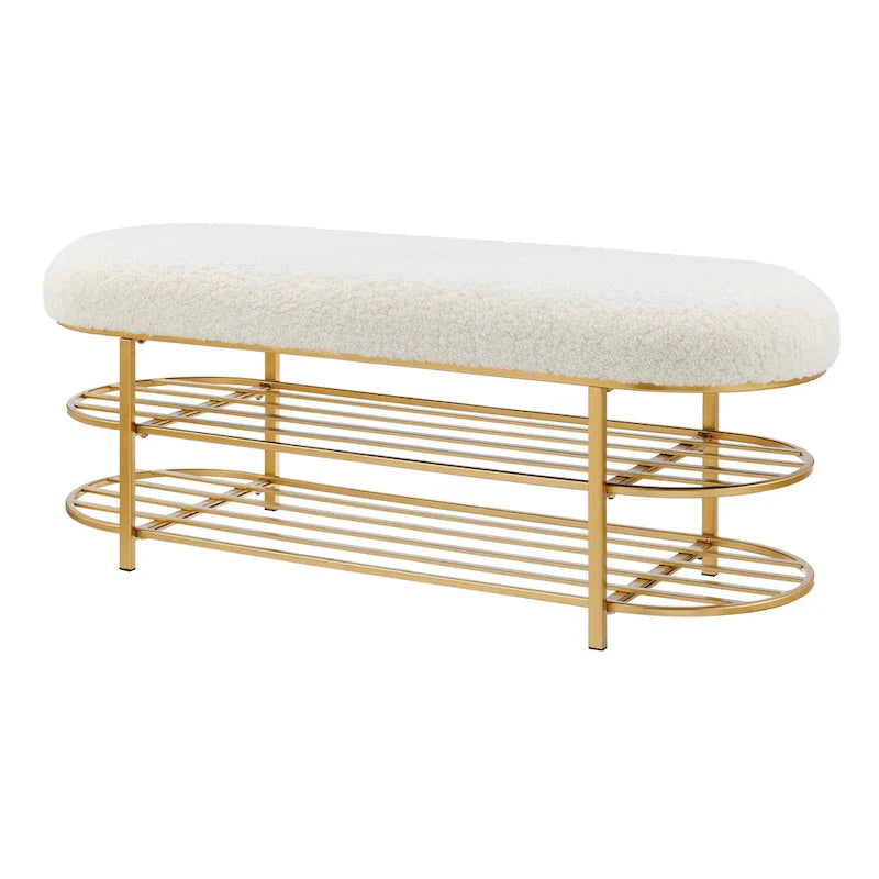 Banc rembourré en fausse fourrure de mouton avec rangement à 2 étagères