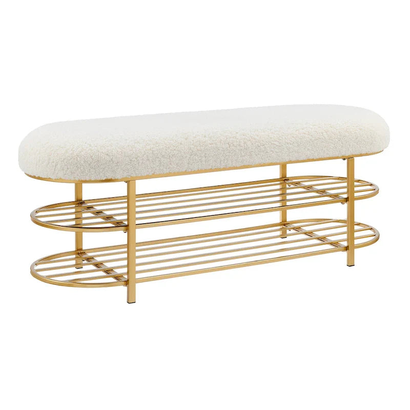 Banc rembourré en fausse fourrure de mouton avec rangement à 2 étagères