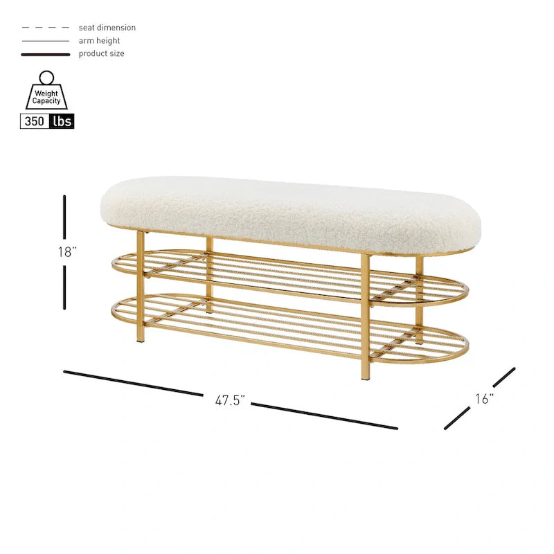 Banc rembourré en fausse fourrure de mouton avec rangement à 2 étagères