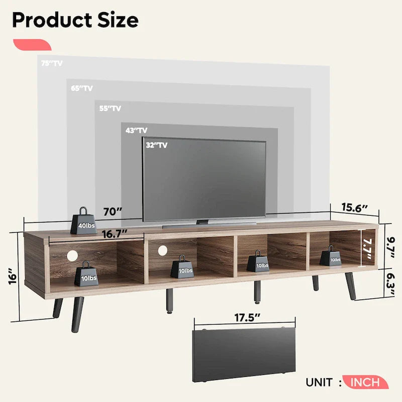 Meuble TV pour téléviseurs jusqu'à 75 po – Meuble console de divertissement de style milieu de siècle, 70 po