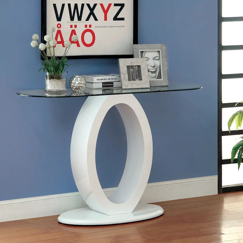 Console de canapé moderne de 47 pouces avec base en O et plateau en verre trempé