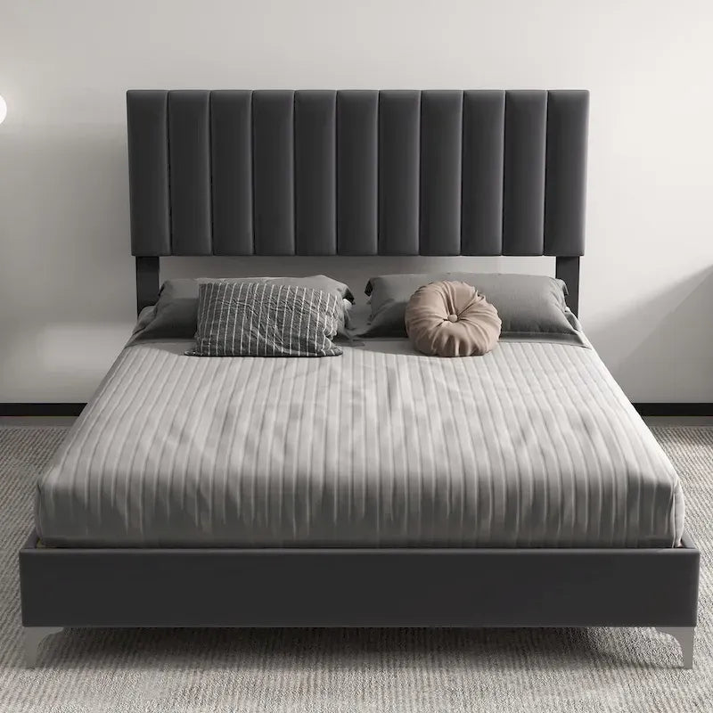 Cadre de lit avec tête de lit réglable en velours – Capacité de 360 kg