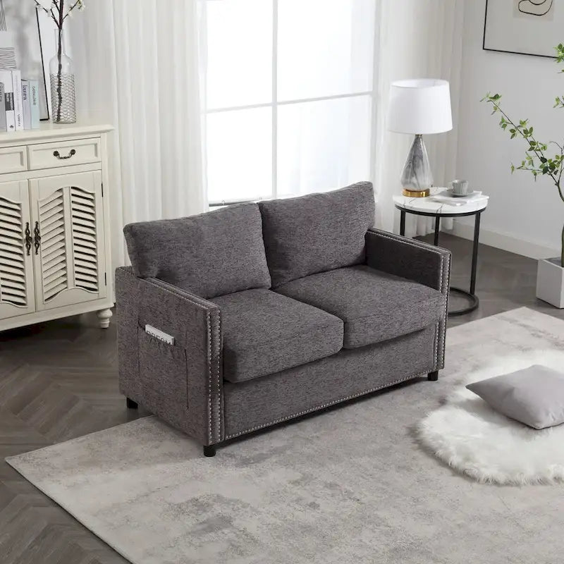 Causeuse 2 places en tissu chenille avec poches de rangement latérales