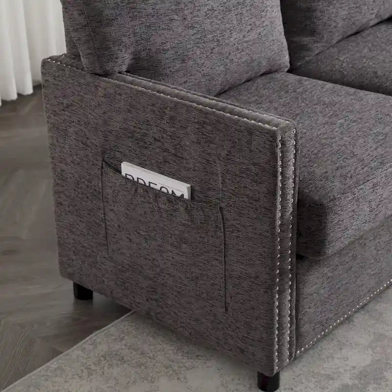 Causeuse 2 places en tissu chenille avec poches de rangement latérales