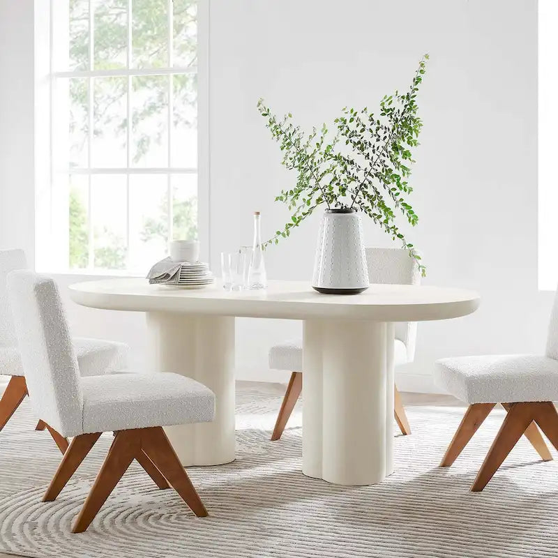 Table à manger ovale de 72 po avec finition aspect béton et base à double piédestal