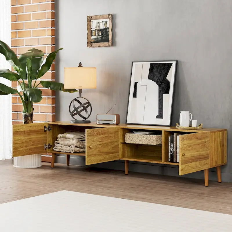 Meuble TV de 70 po de style Mid-Century avec rangement à 3 portes