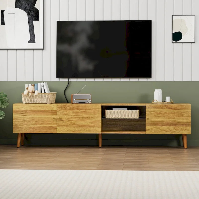 Meuble TV de 70 po de style Mid-Century avec rangement à 3 portes
