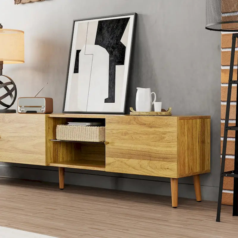Meuble TV de 70 po de style Mid-Century avec rangement à 3 portes
