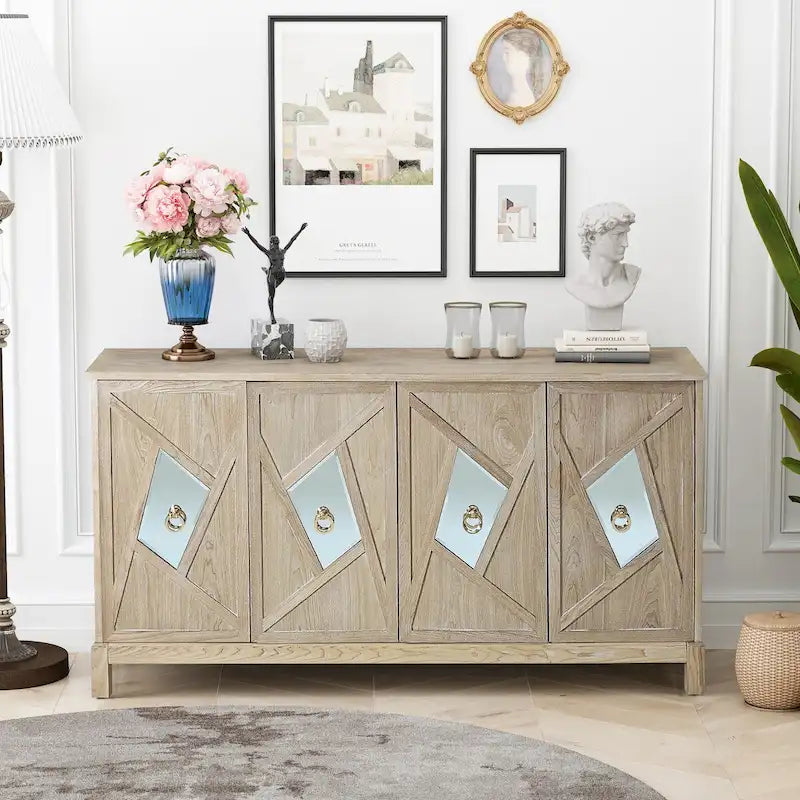 Meuble de rangement 4 portes avec miroirs et pieds en bois massif