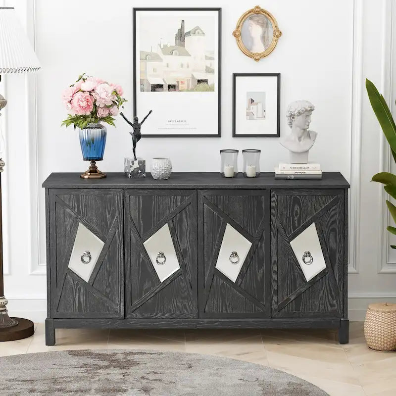 Meuble de rangement 4 portes avec miroirs et pieds en bois massif