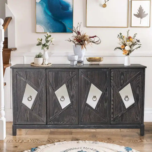 Meuble de rangement 4 portes avec miroirs et pieds en bois massif